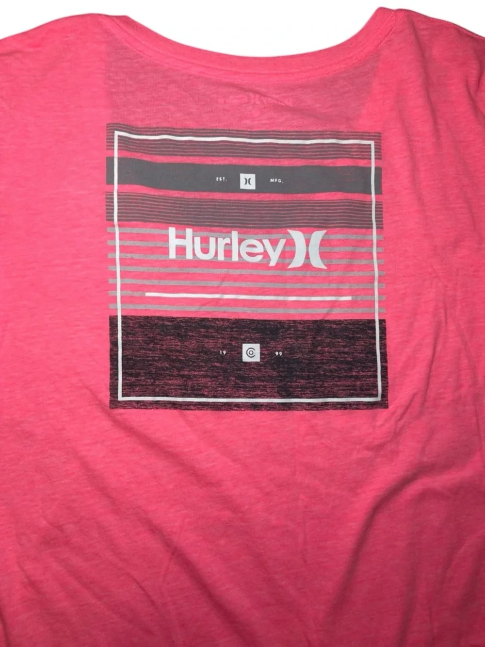 Hurley Y2K Neon Pink Graphic Tee Striped Sleeves Logo Surf Skater Women’s Medium - Picture 6 of 12
